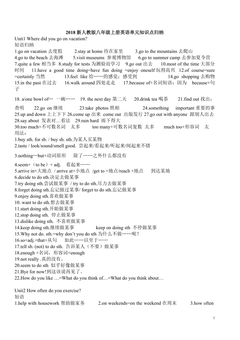 2018年最新人教版八年级英语上册单元知识点总结Word版_第1页