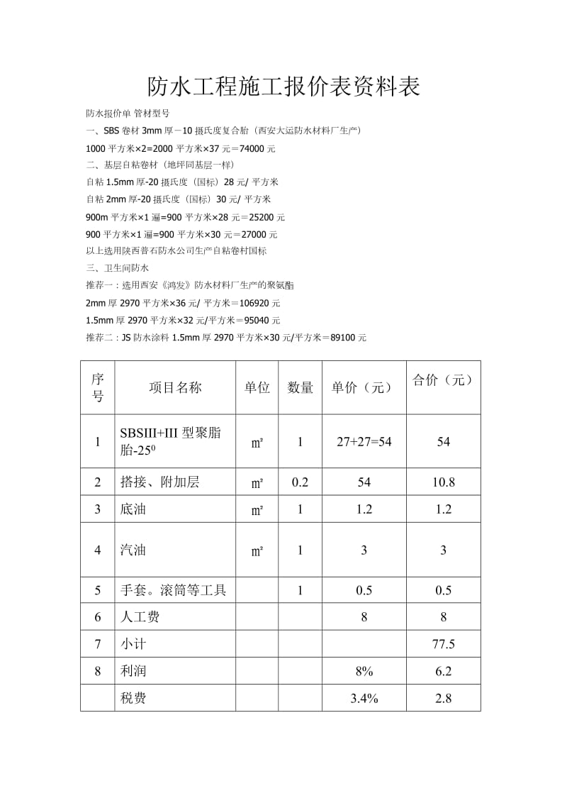 4-防水工程施工报价表_第1页