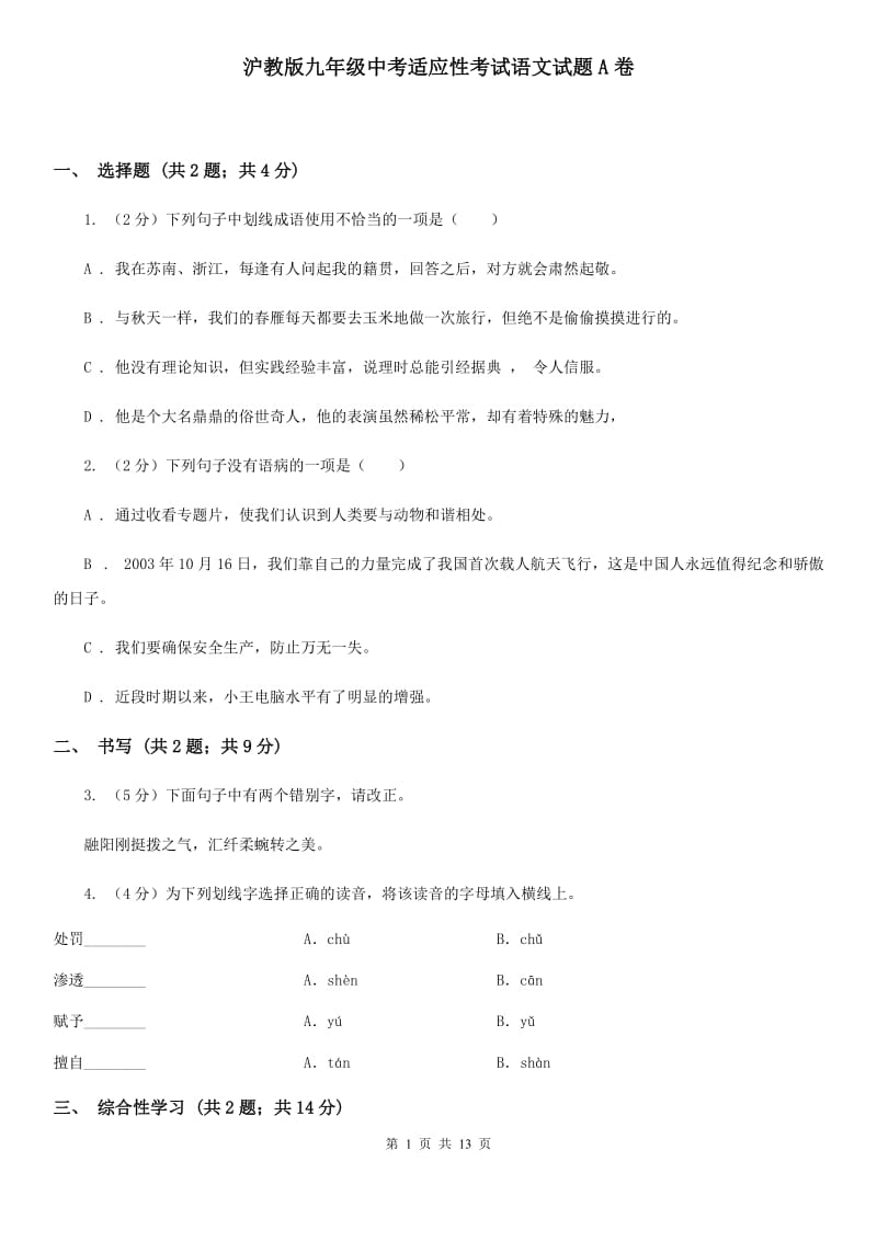 沪教版九年级中考适应性考试语文试题A卷_第1页