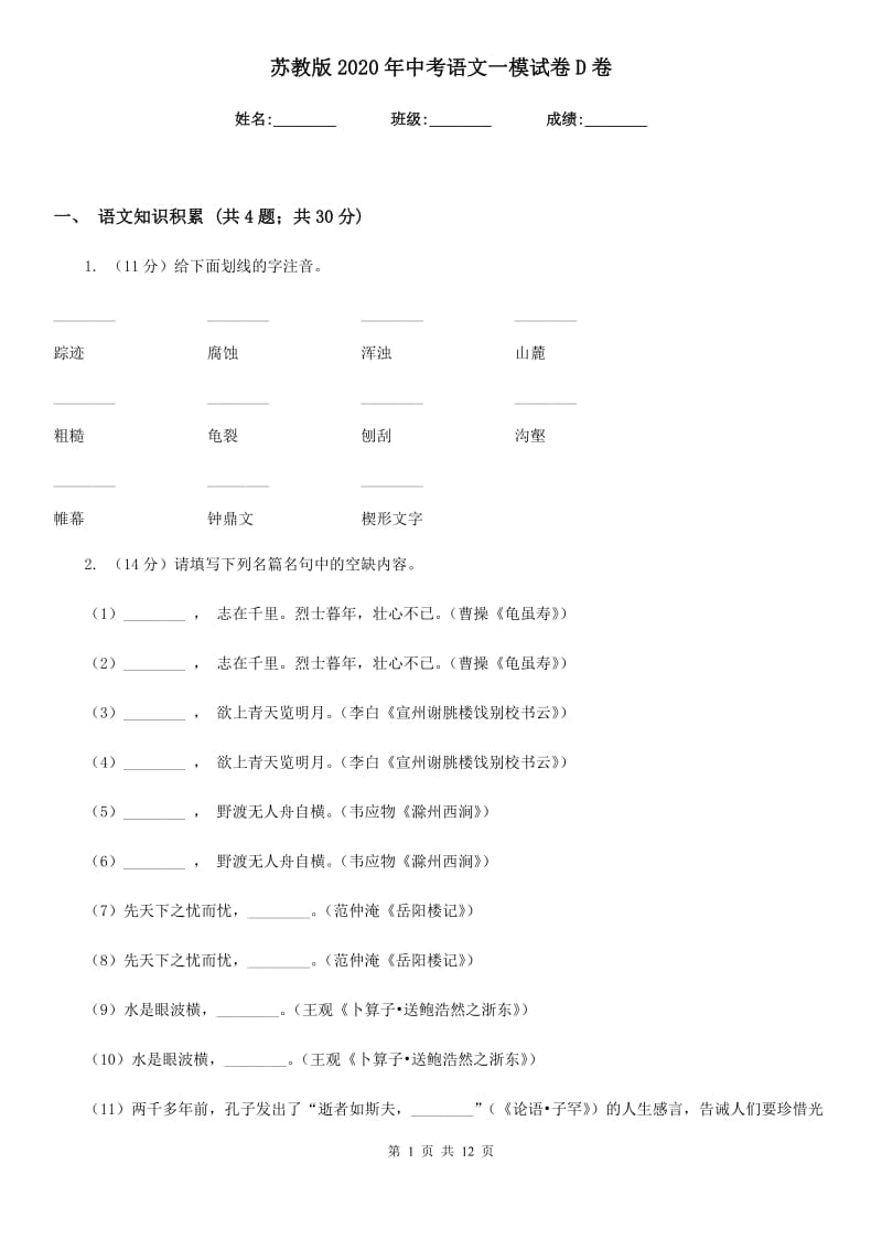 苏教版2020年中考语文一模试卷D卷_第1页