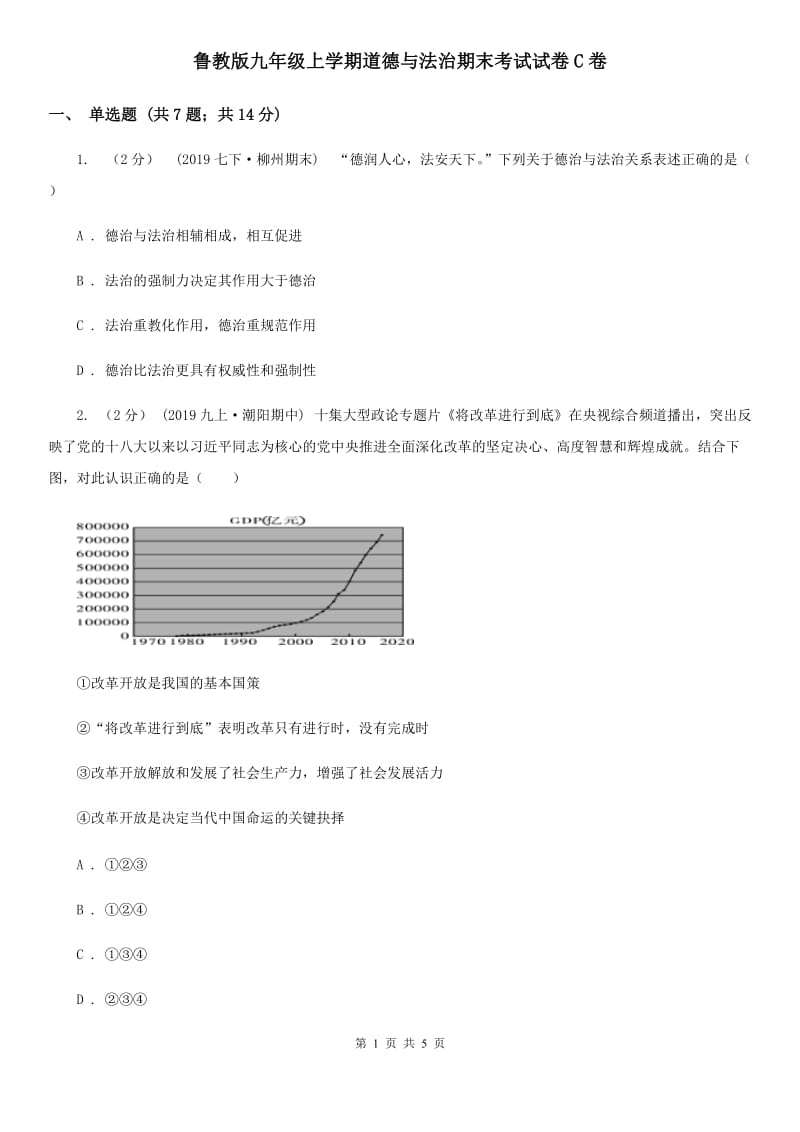 鲁教版九年级上学期道德与法治期末考试试卷C卷_第1页