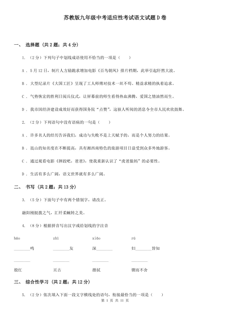 苏教版九年级中考适应性考试语文试题D卷_第1页