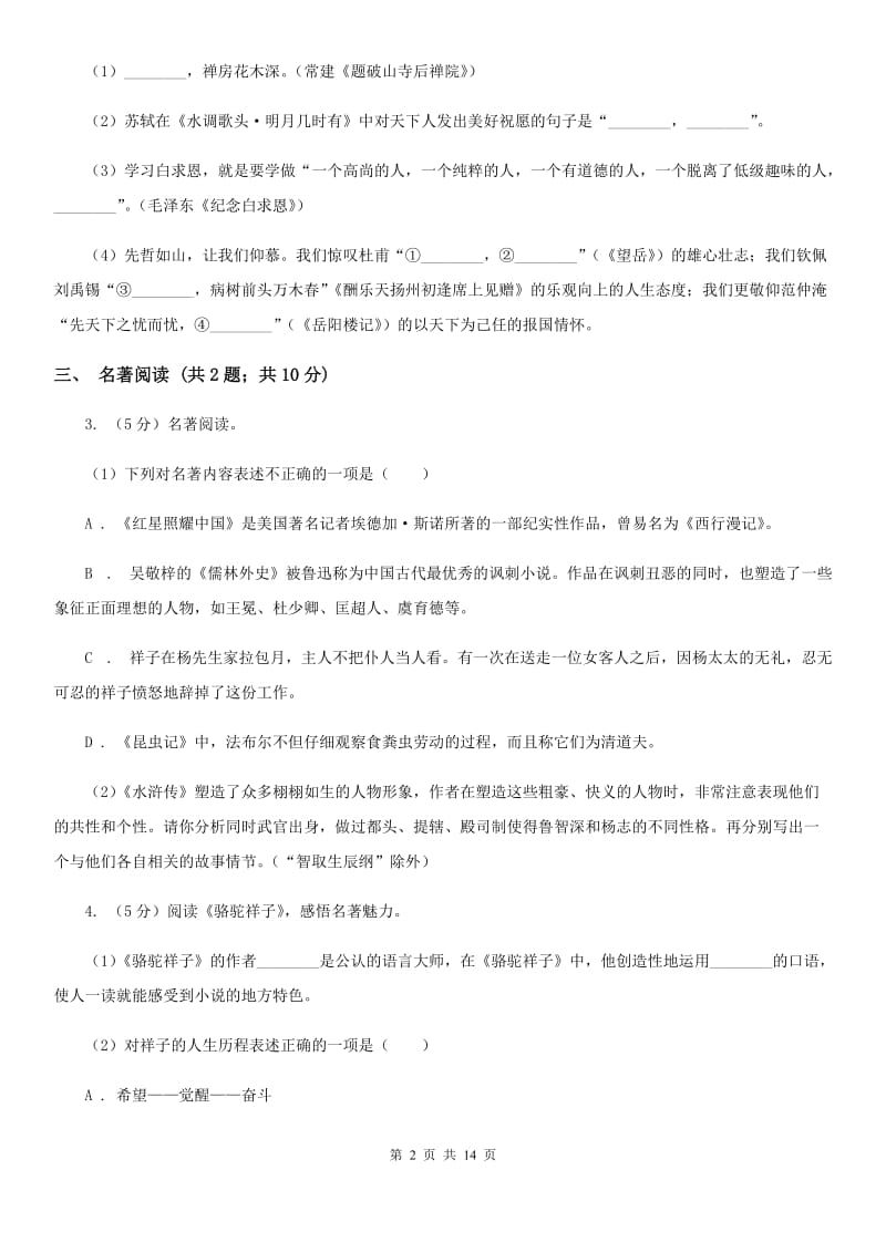 沪教版2020届九年级语文学业水平考试模拟试卷B卷_第2页