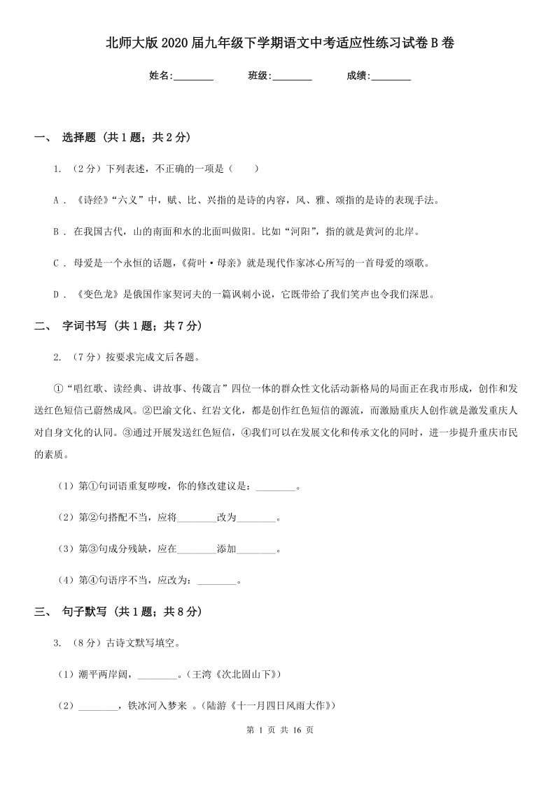 北师大版2020届九年级下学期语文中考适应性练习试卷B卷_第1页