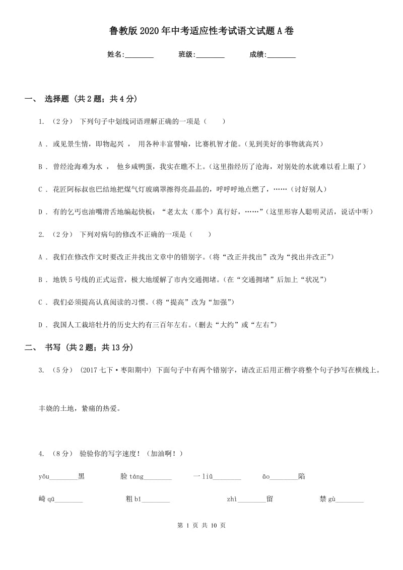 鲁教版2020年中考适应性考试语文试题A卷_第1页