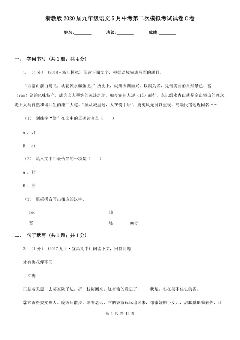 浙教版2020届九年级语文5月中考第二次模拟考试试卷C卷_第1页