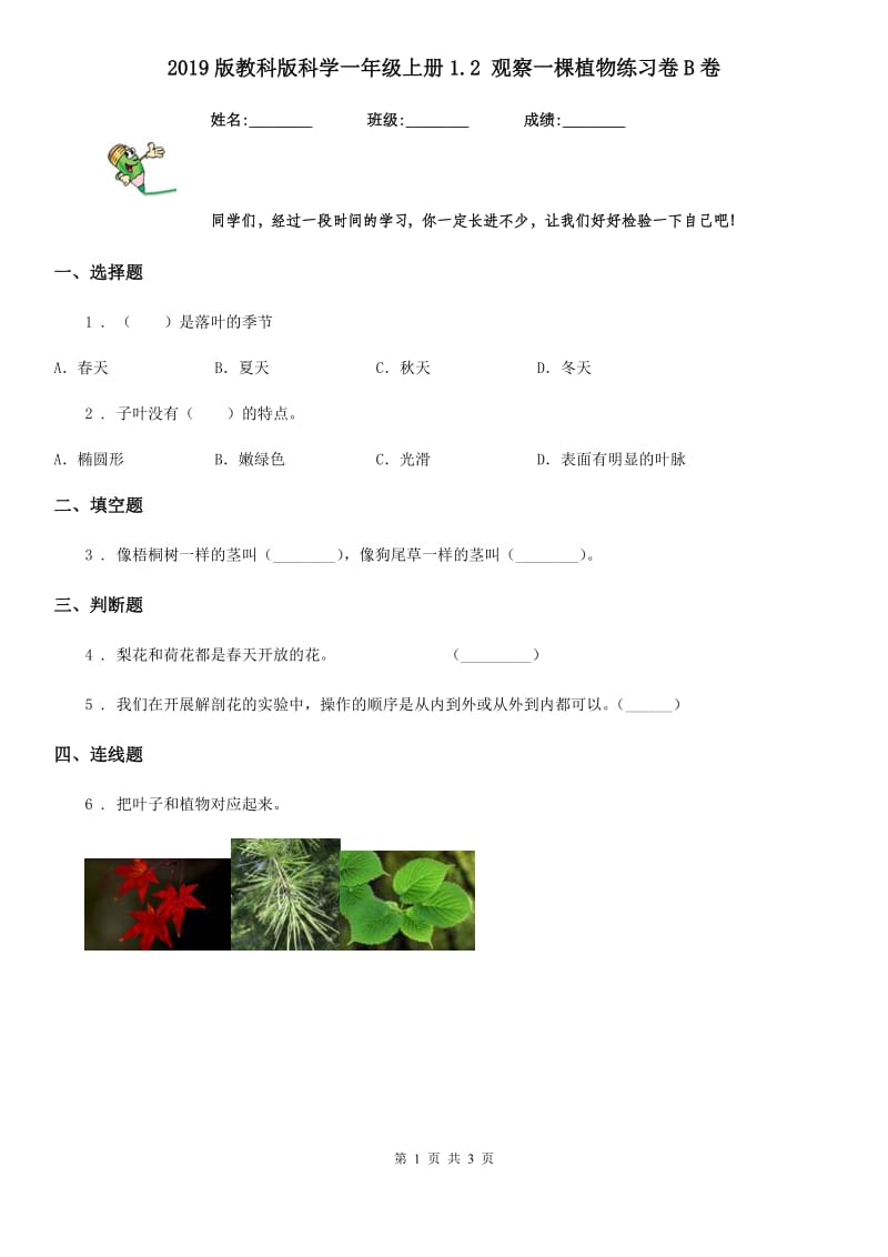 2019版教科版科学一年级上册1.2 观察一棵植物练习卷B卷_第1页