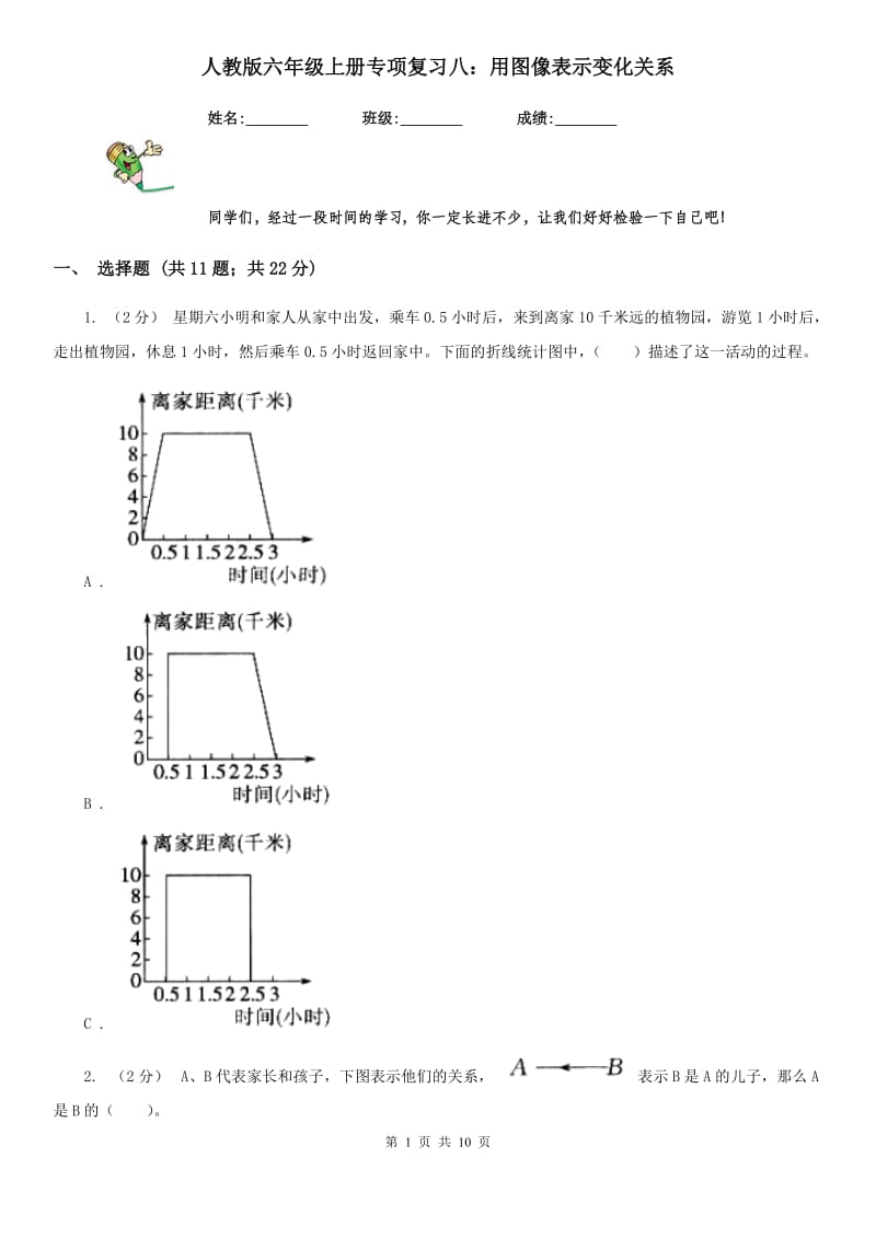 人教版六年级数学上册专项复习八：用图像表示变化关系_第1页