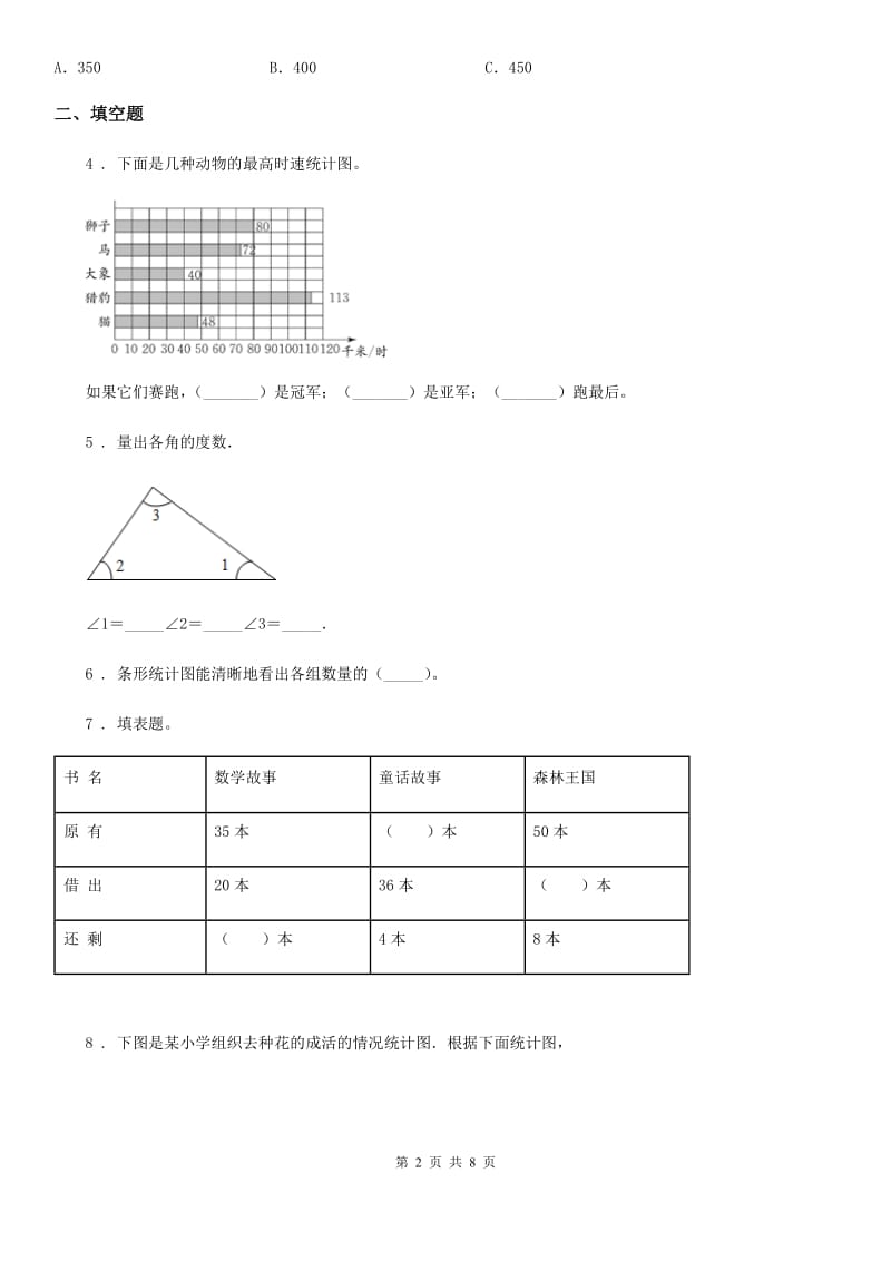 2020版人教版数学四年级上册第七单元《条形统计图》单元测试卷（I）卷_第2页