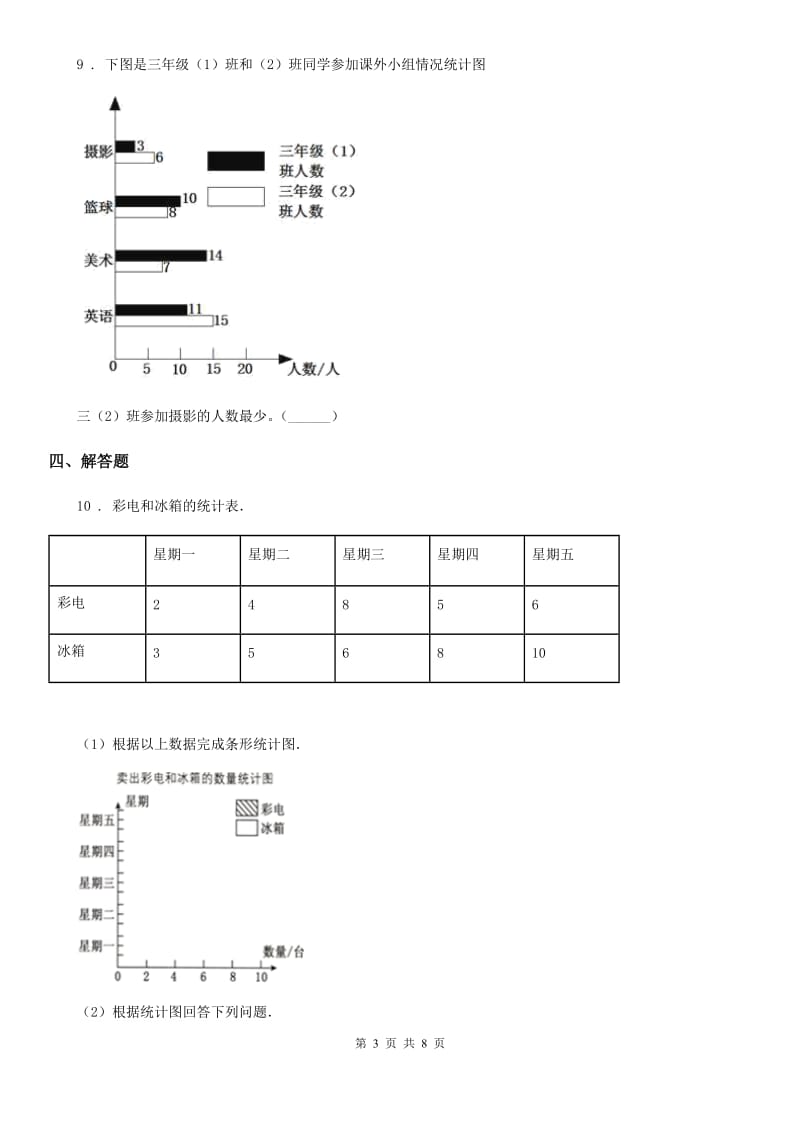 冀教版 数学四年级下册第七单元《复式条形统计图》单元测试卷_第3页