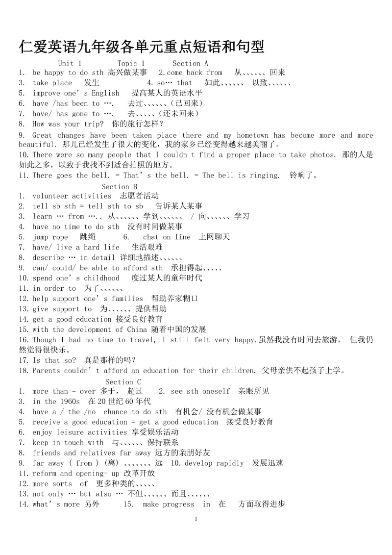 仁爱英语九年级各单元重点短语和句型_第1页