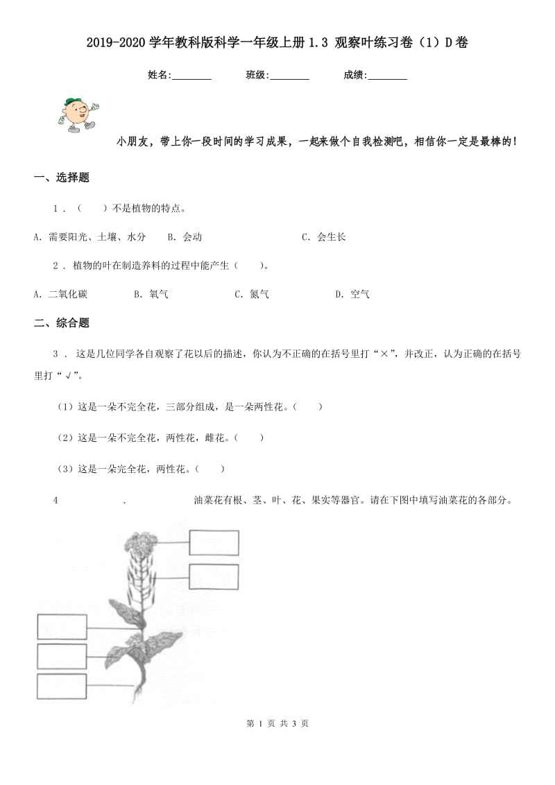 2019-2020学年教科版科学一年级上册1.3 观察叶练习卷（1）D卷_第1页