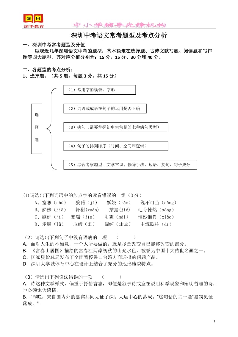 深圳中考语文常考题型及考点分析_第1页