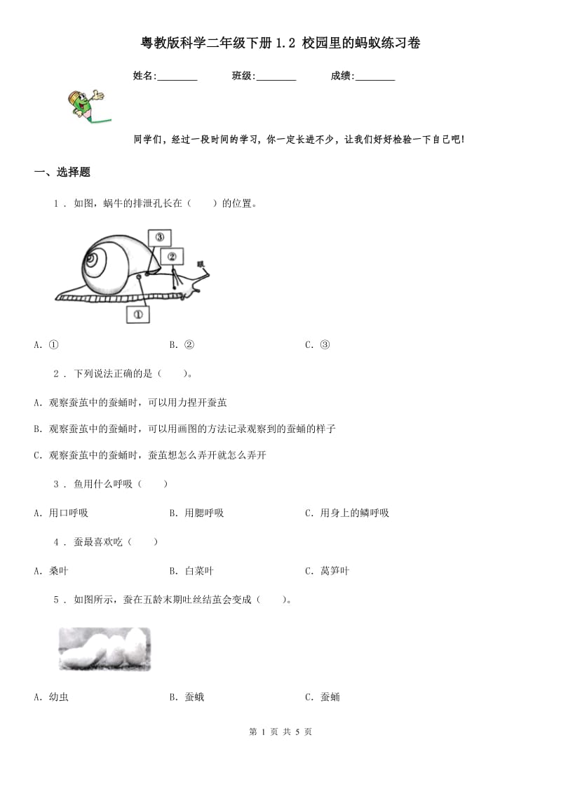 粤教版科学二年级下册1.2 校园里的蚂蚁练习卷_第1页