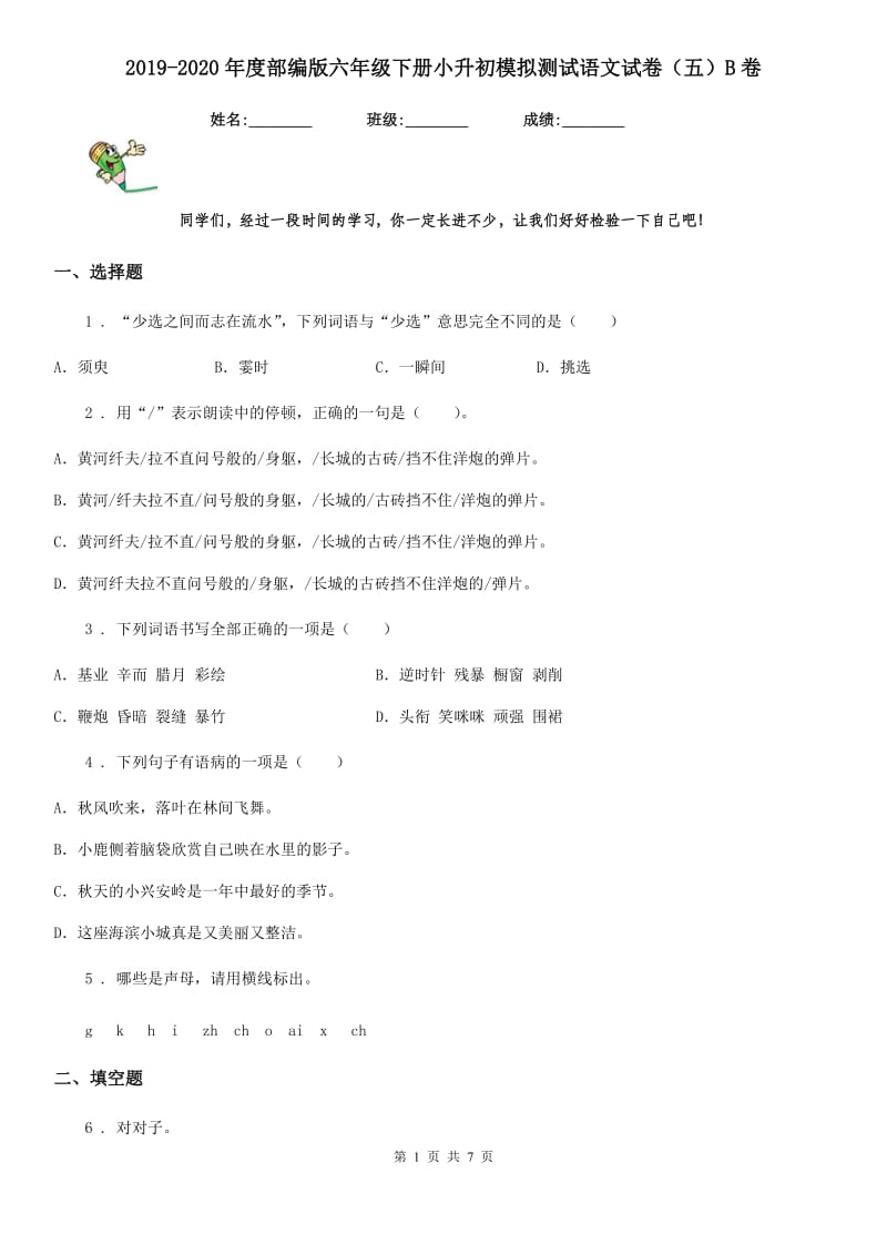 2019-2020年度部编版六年级下册小升初模拟测试语文试卷（五）B卷_第1页