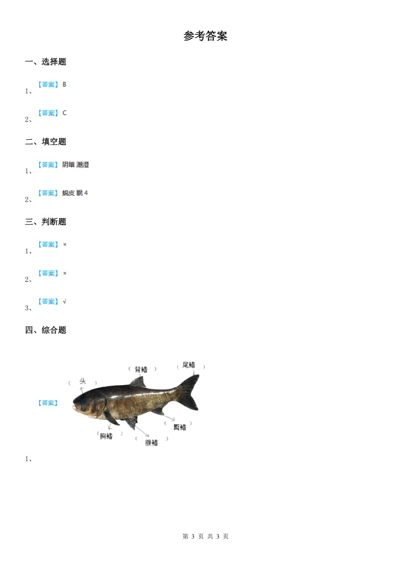 教科版 科学一年级下册2.5 观察鱼练习卷_第3页