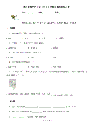 教科版 科學(xué)六年級(jí)上冊(cè)3.7 電能從哪里來(lái)練習(xí)卷