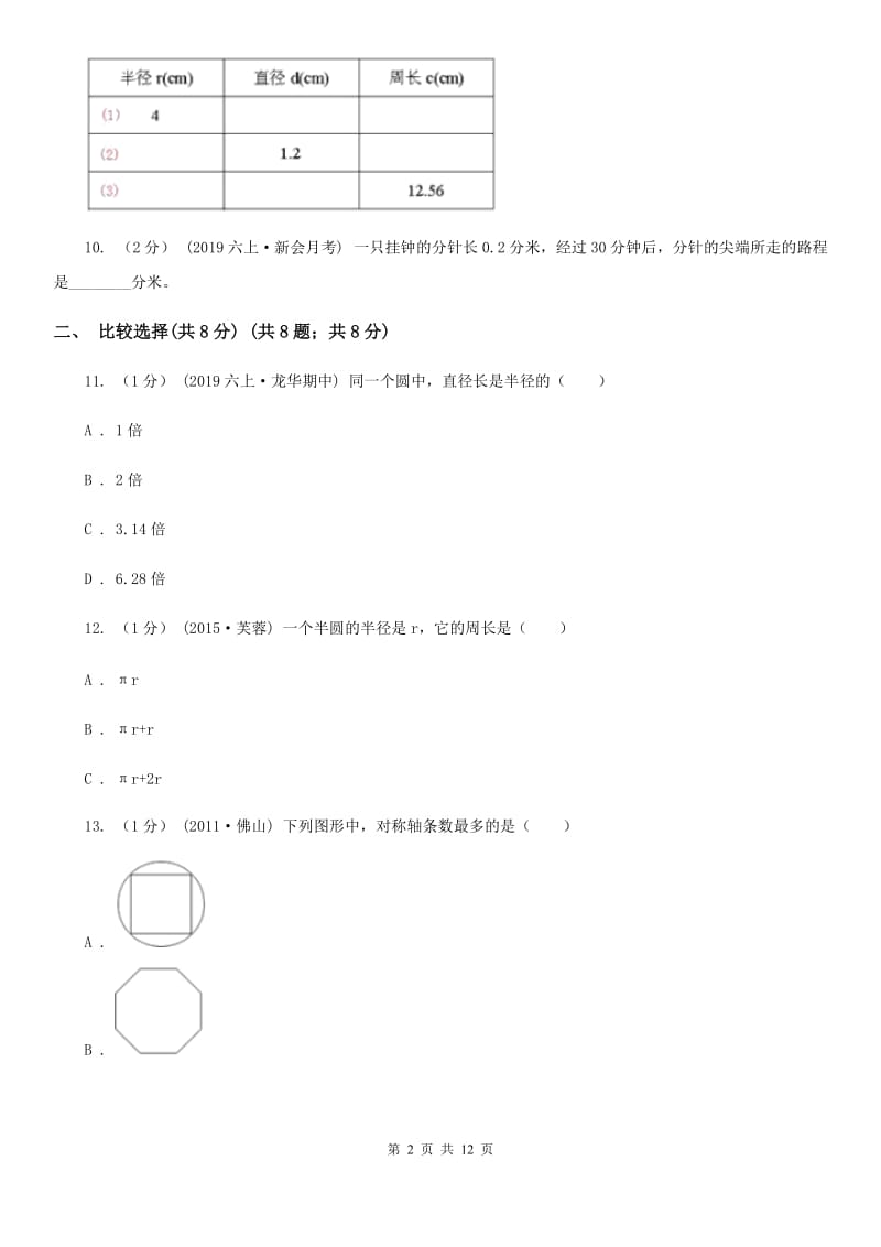 江西版六年级上学期数学第一单元检测卷A卷_第2页