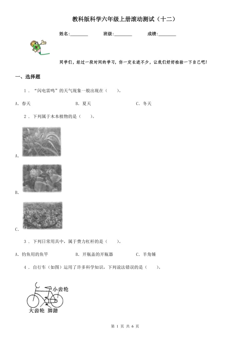 教科版科学六年级上册滚动测试（十二）_第1页