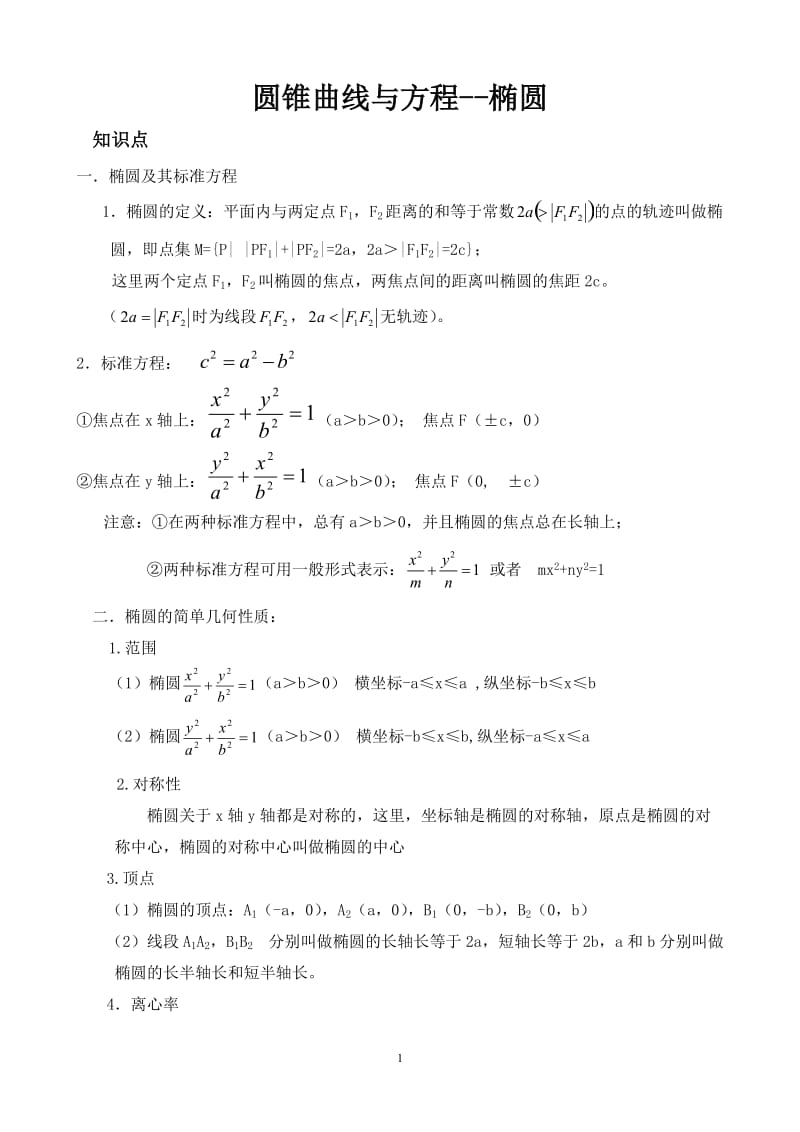 椭圆知识点总结及经典习题_第1页