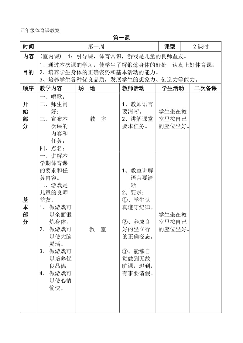 小学四年级上册体育教案表格式_第1页