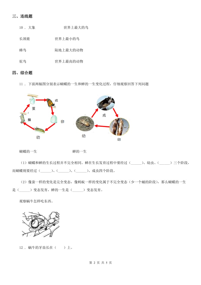 2020版教科版科学一年级下册2.校园里的动物C卷_第2页