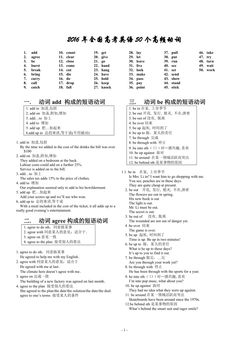 全国高考英语50个高频动词_第1页