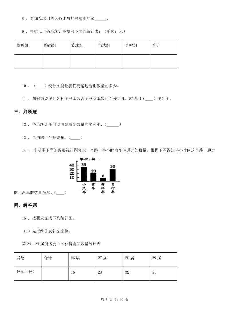 2019-2020学年人教版数学四年级上册第七单元《条形统计图》单元测试卷C卷新版_第3页