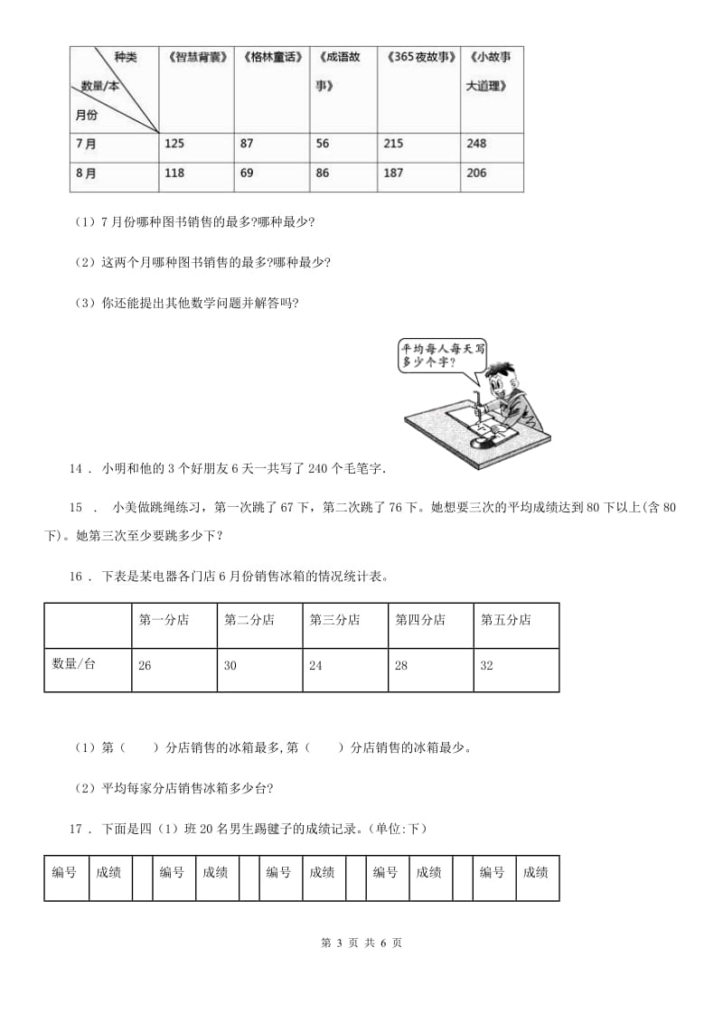 苏教版数学四年级上册第4单元《统计表和条形统计图（一）》阶段测评卷_第3页