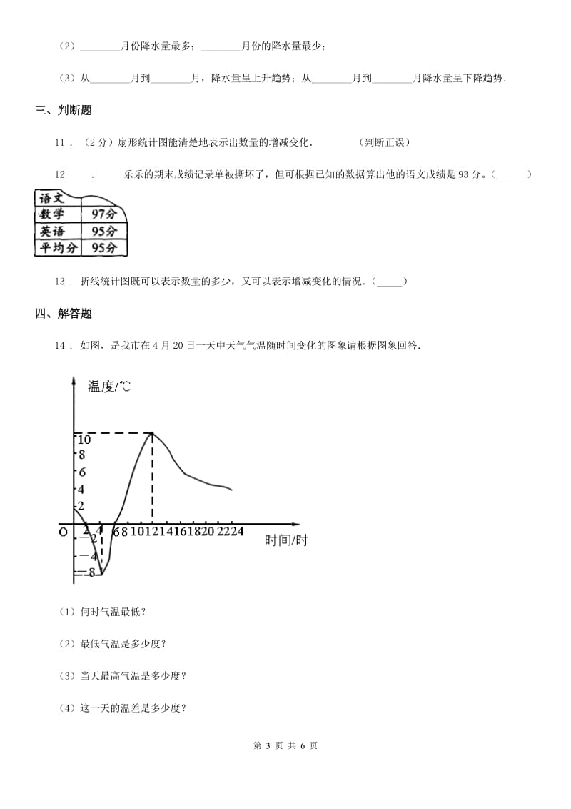 青岛版数学五年级上册第七单元《折线统计图》单元测试卷_第3页