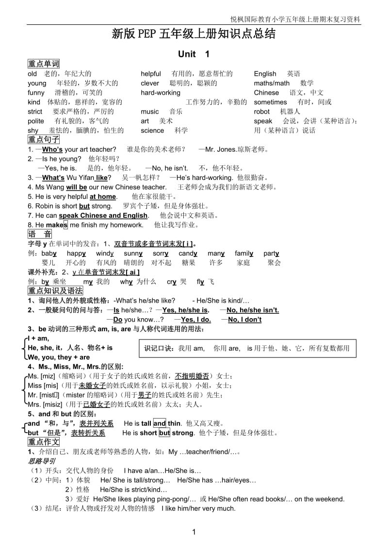 小学五年级人教版英语上册知识点总结_第1页