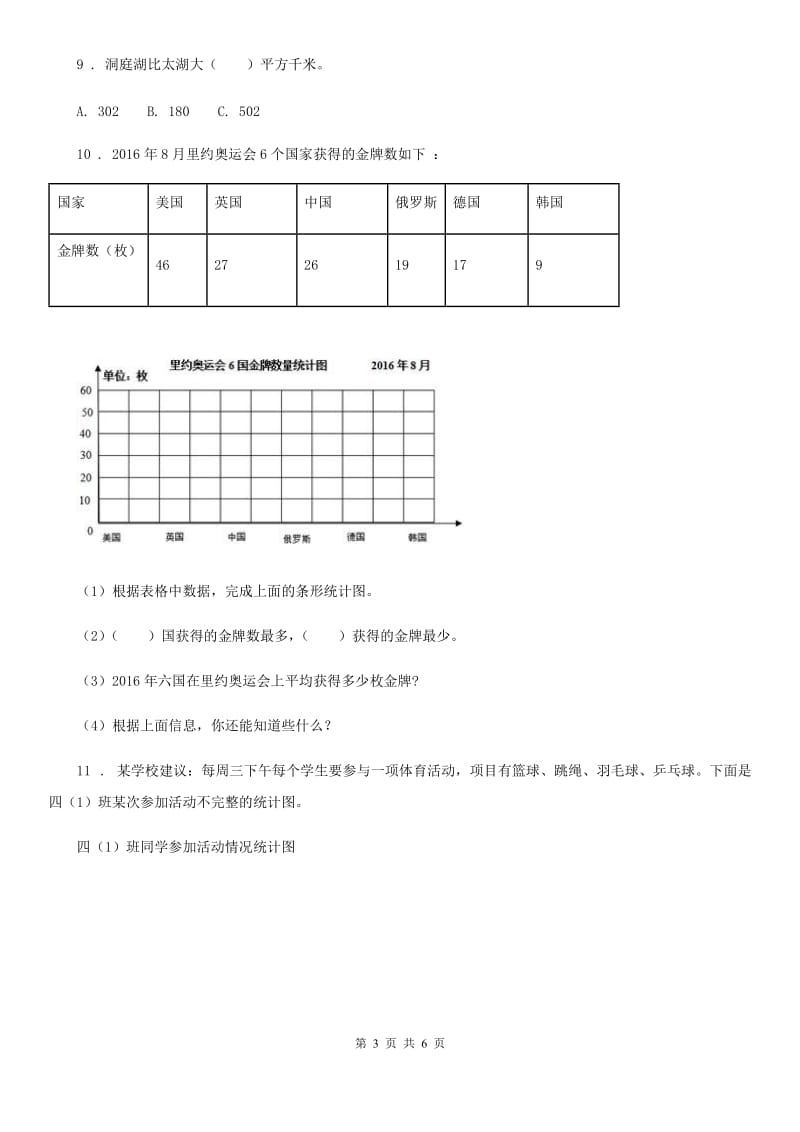 苏教版数学四年级上册第4单元《统计表和条形统计图(一)》单元测试卷_第3页