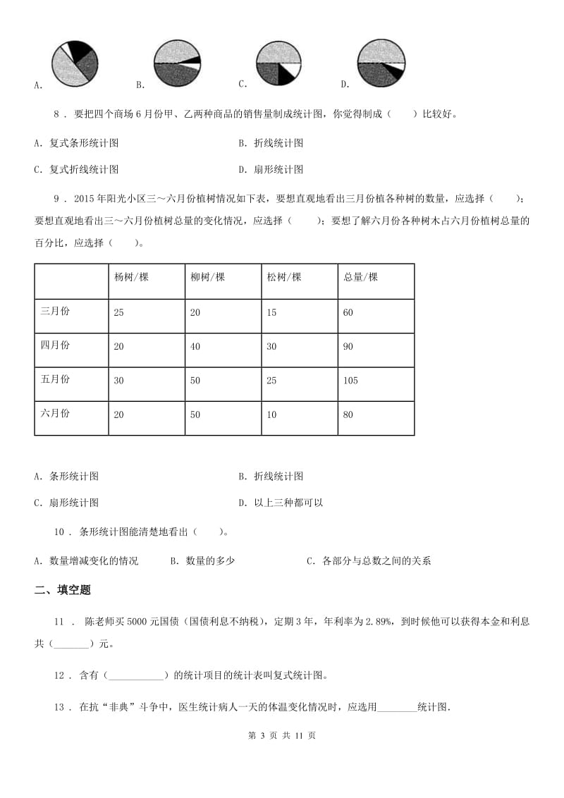 2019-2020学年人教版数学六年级上册第7单元《扇形统计图》单元测试卷B卷_第3页