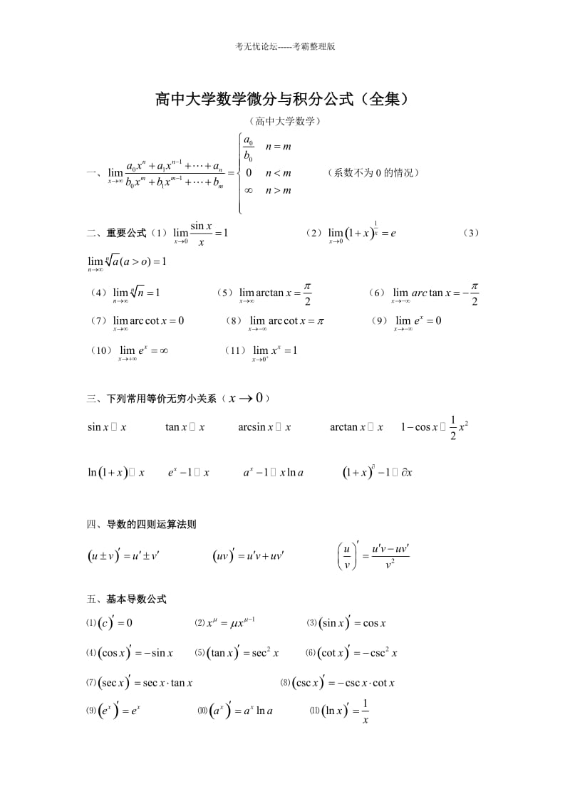 微分积分公式(全集)_第1页