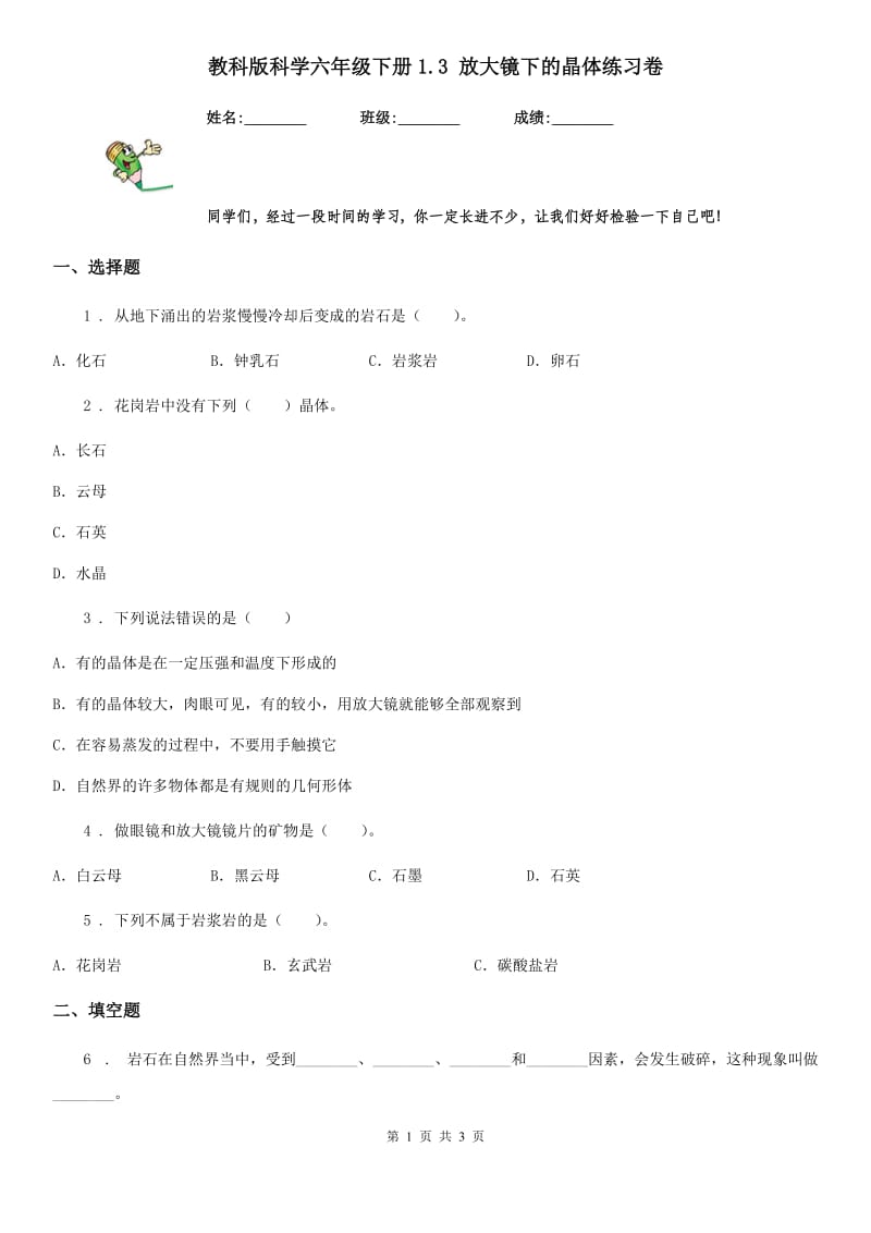 教科版科学六年级下册1.3 放大镜下的晶体练习卷_第1页