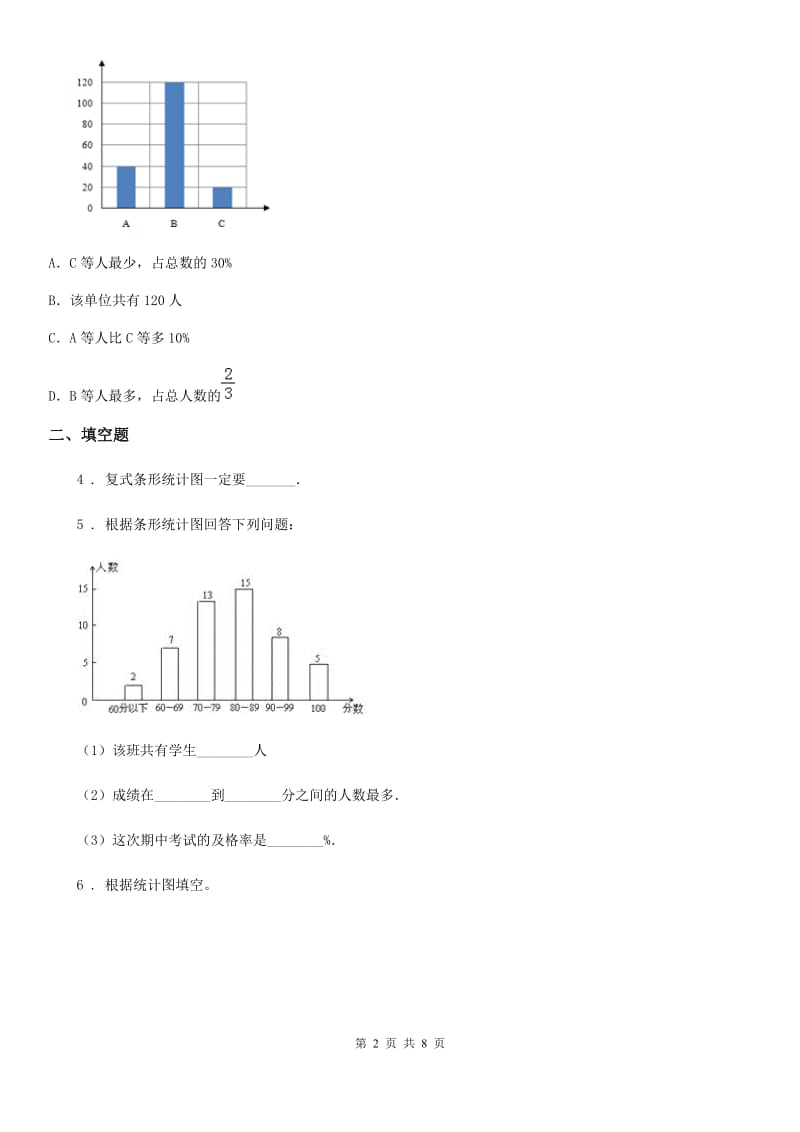 2019-2020学年人教版数学四年级上册第七单元《条形统计图》单元测试卷B卷_第2页