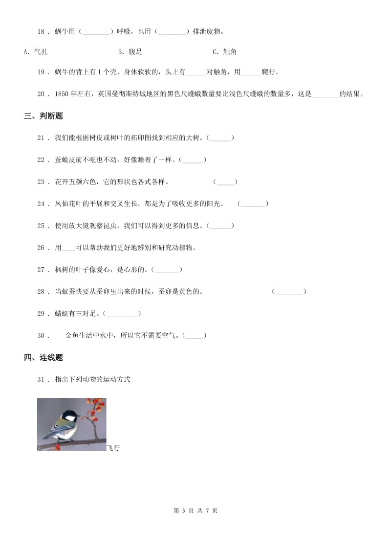 教科版三年级上册期中考试科学试卷新版_第3页