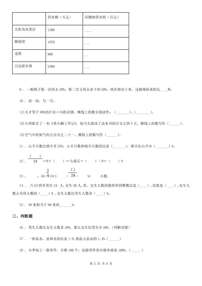 2020版冀教版数学六年级上册第三单元《百分数》单元测试卷C卷_第2页