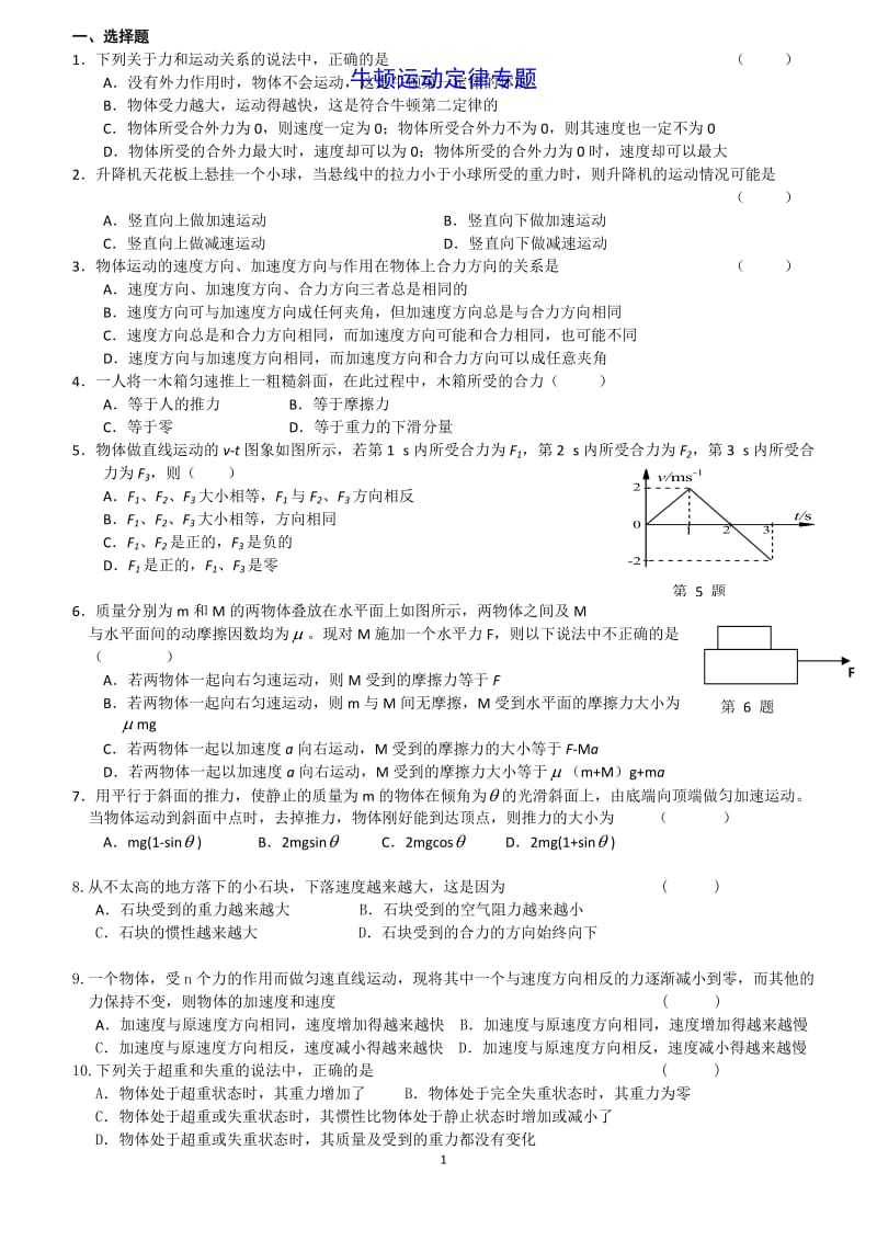 牛顿运动定律练习题经典习题汇总_第1页