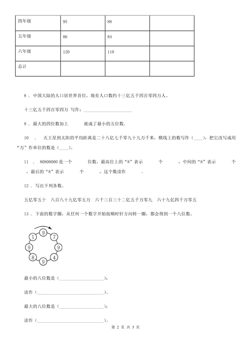 2020版人教版数学四年级上册第一单元《大数的认识》单元测试卷（II）卷_第2页