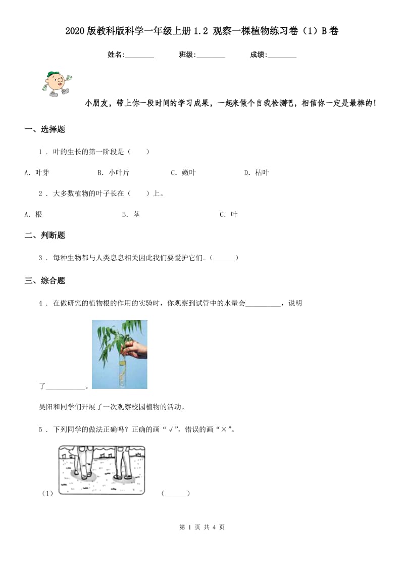 2020版教科版科学一年级上册1.2 观察一棵植物练习卷（1）B卷_第1页