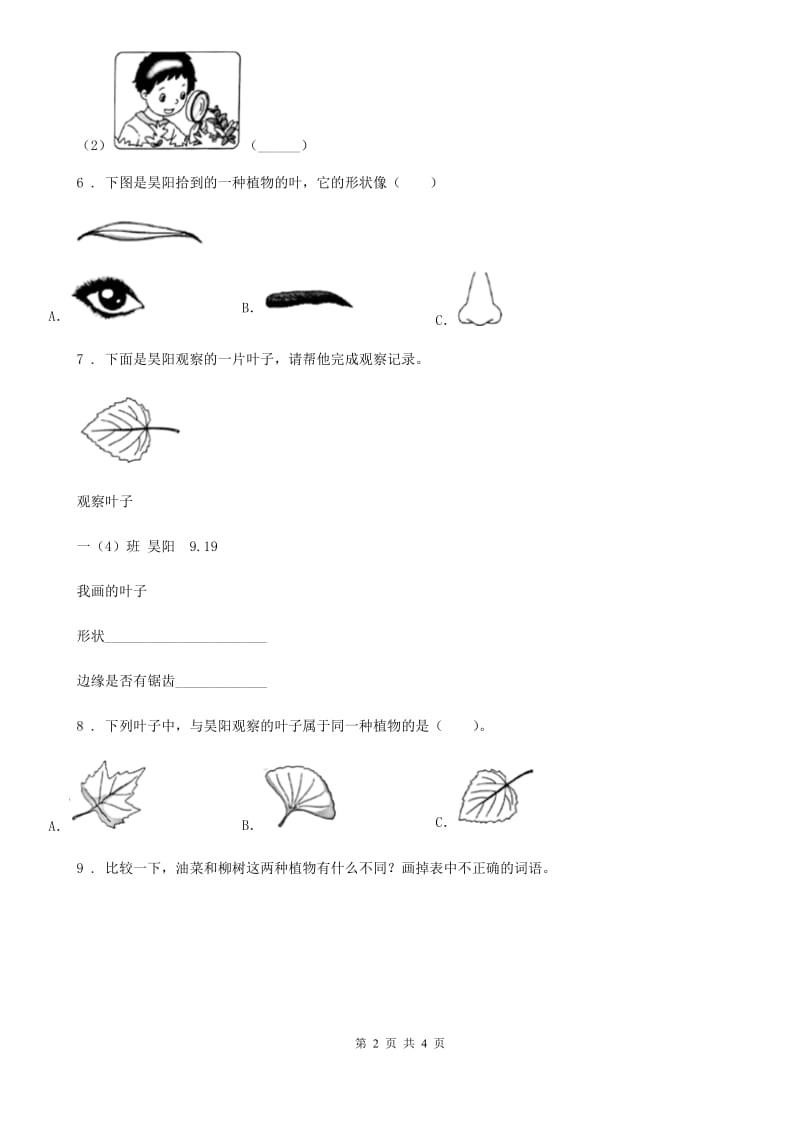 2020版教科版科学一年级上册1.2 观察一棵植物练习卷（1）B卷_第2页