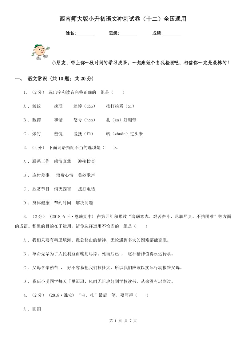 西南师大版小升初语文冲刺试卷（十二）全国通用_第1页