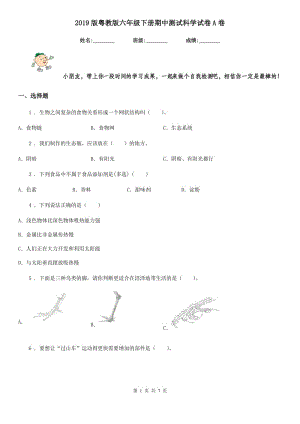 2019版粵教版六年級(jí)下冊(cè)期中測(cè)試科學(xué)試卷A卷