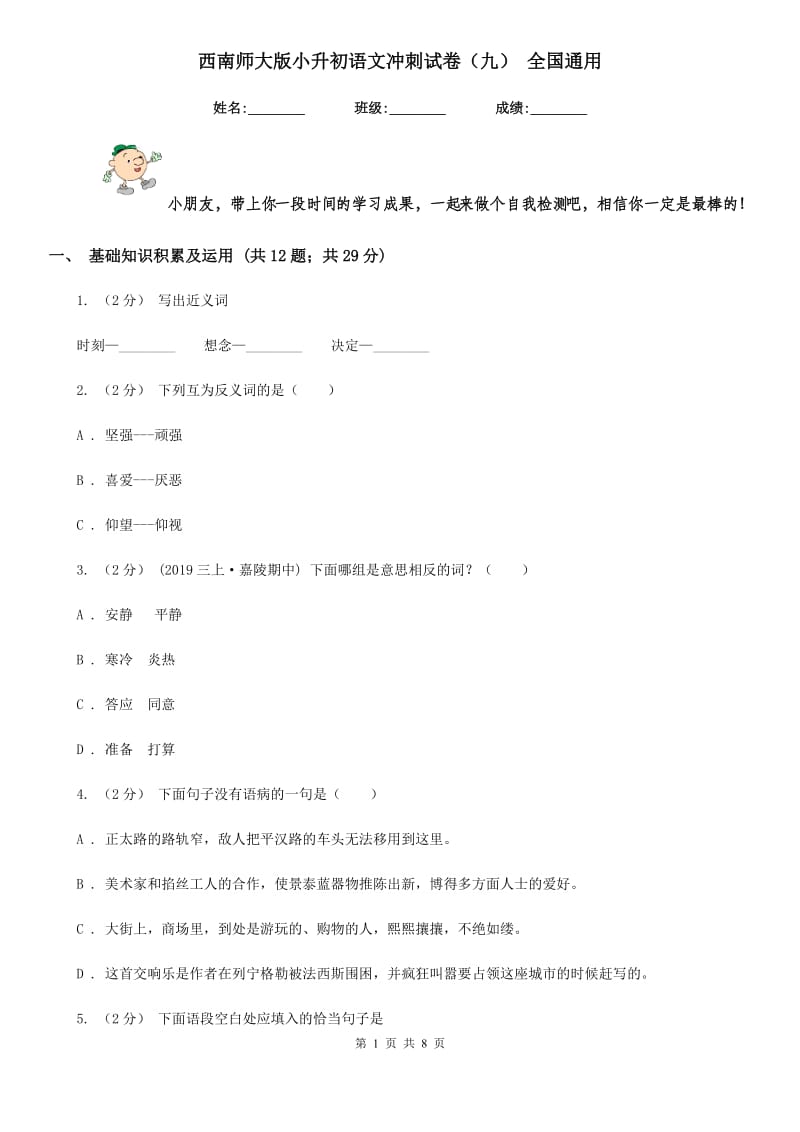 西南师大版小升初语文冲刺试卷（九） 全国通用_第1页