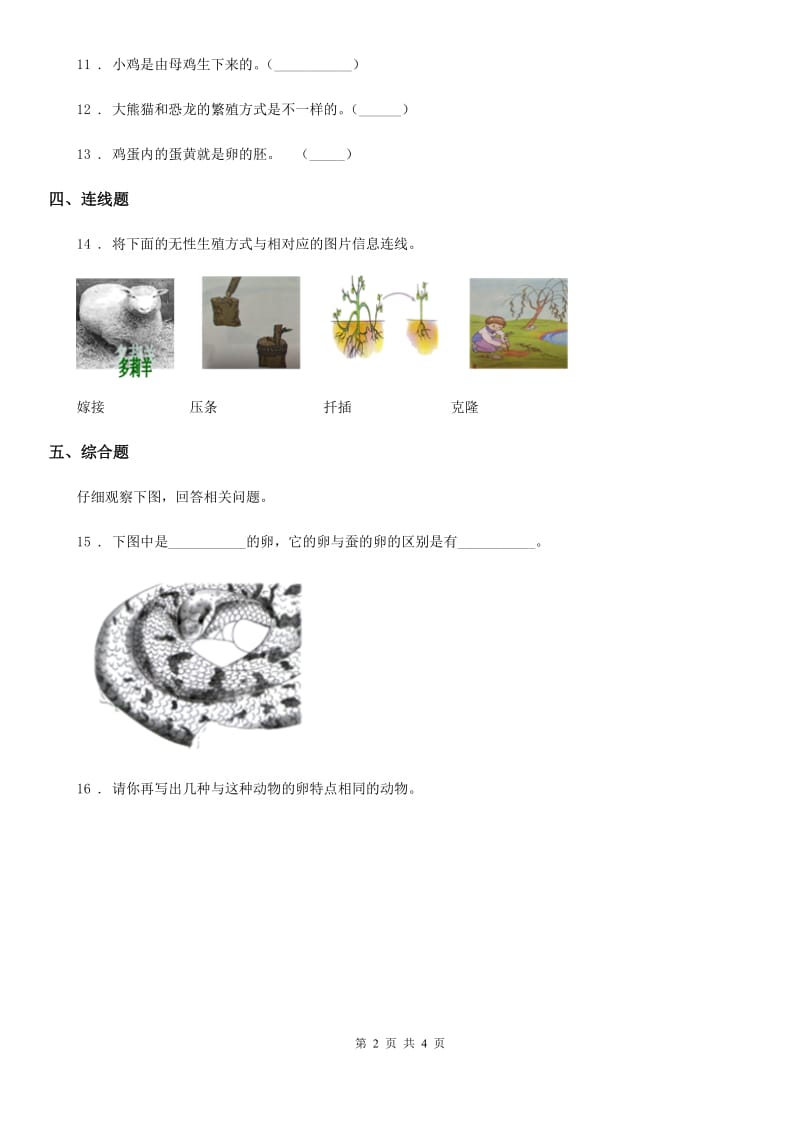 教科版科学三年级下册2.2 认识其他动物的卵练习卷_第2页