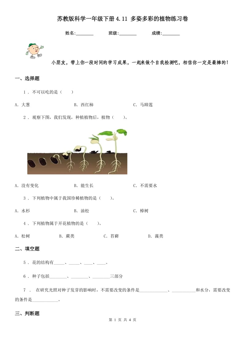 苏教版科学一年级下册4.11 多姿多彩的植物练习卷_第1页