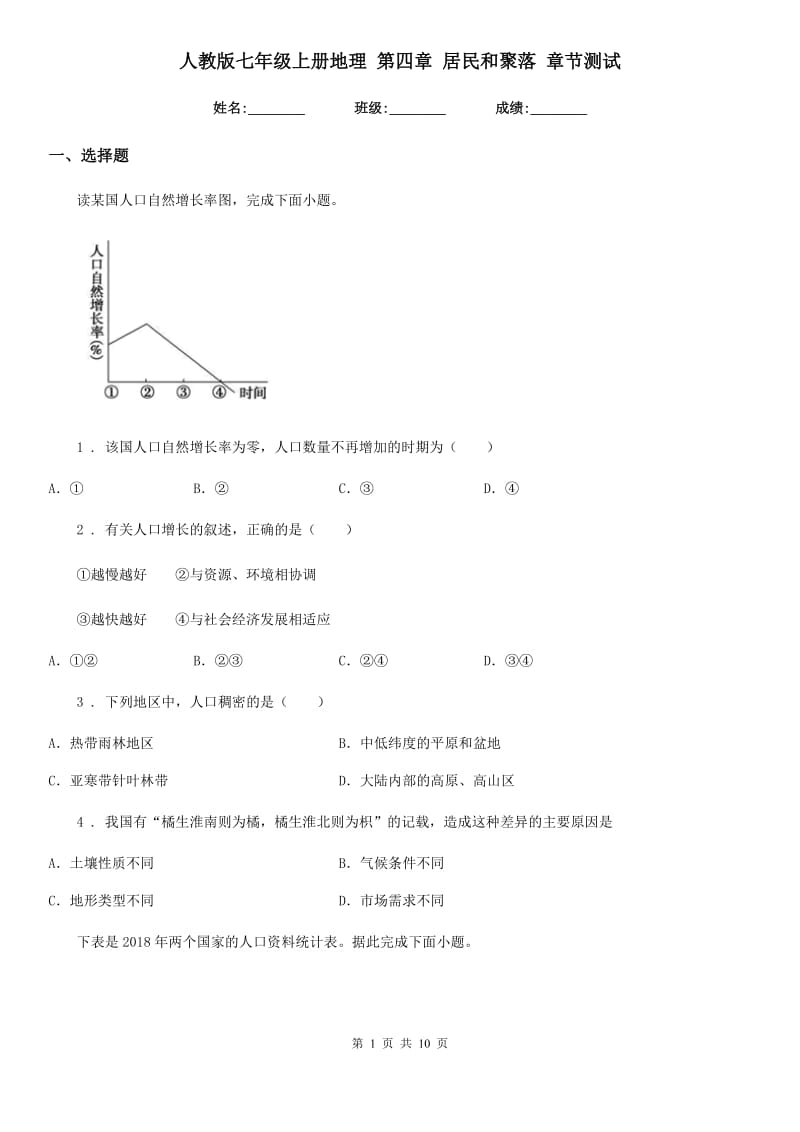 人教版七年级上册地理 第四章 居民和聚落 章节测试_第1页