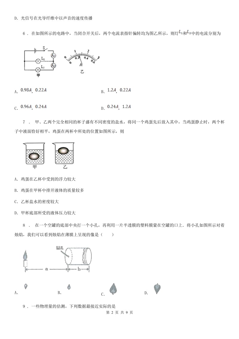 人教版九年级地理上学期一模物理试题_第2页