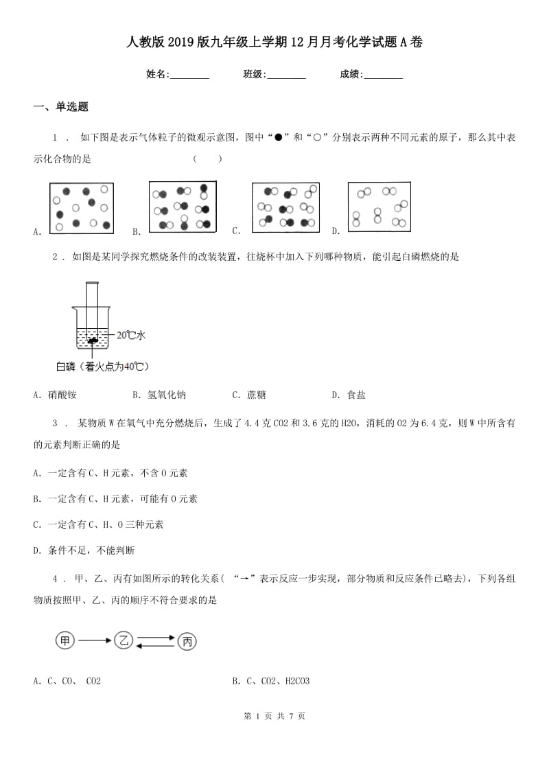 人教版2019版九年级上学期12月月考化学试题A卷_第1页